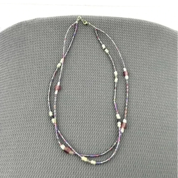Purple Mini Seed Bead Necklace Layered Iridescent Glass Frosty Jewelry 17" - Picture 3 of 11